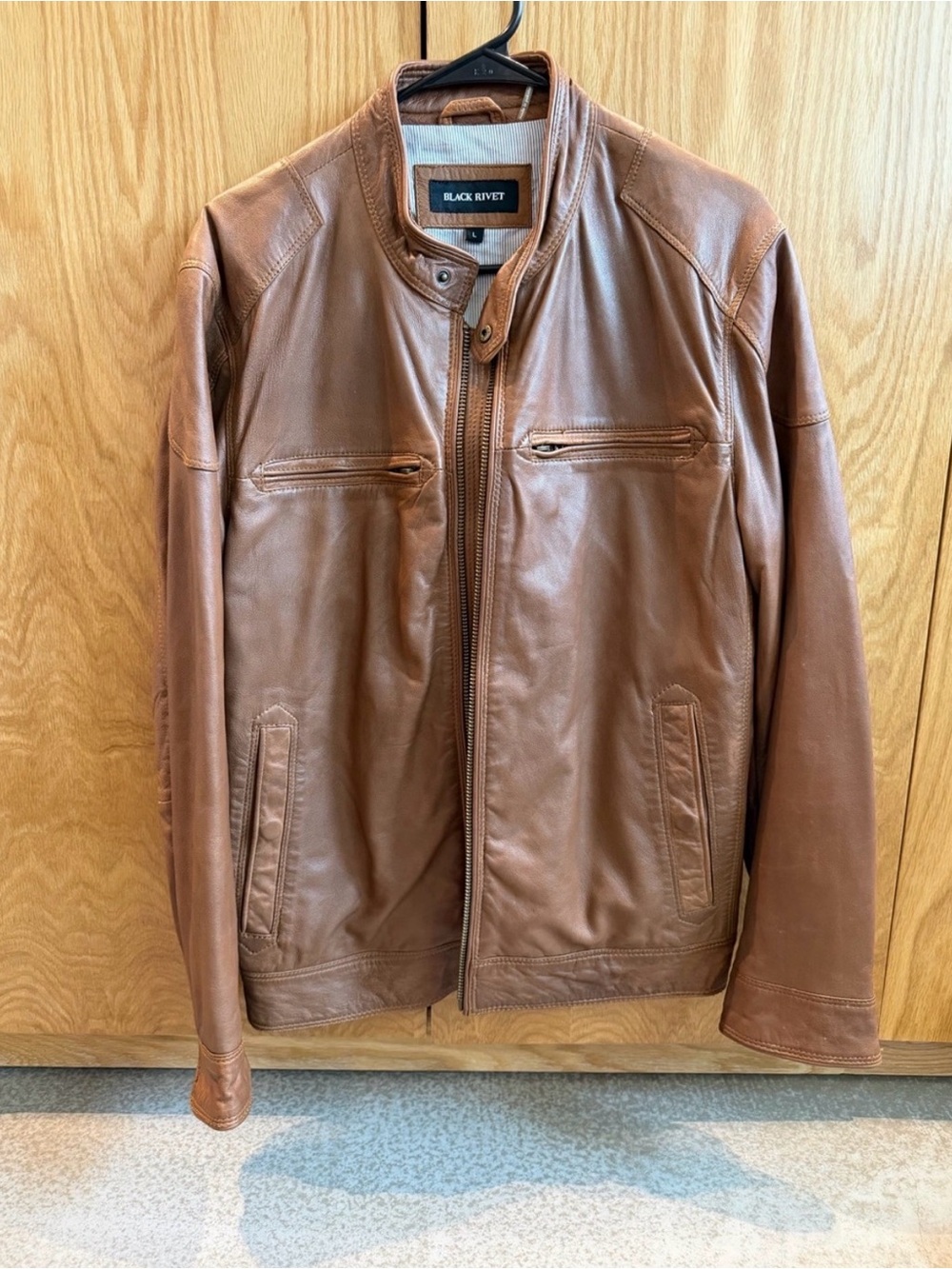 Black Rivet: Cognac Cafe Racer-Style Leather Jacket